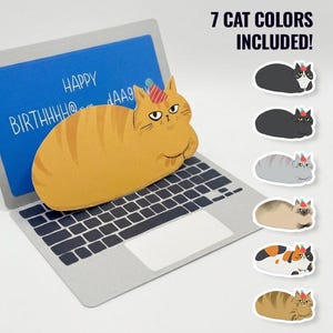 May include: A greeting card shaped like a laptop with a blue screen displaying the text HAPPY BIRTHHHH... and an orange tabby cat wearing a party hat. To the right, a list shows 7 cat colours included, featuring various cat breeds with party hats.