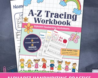 Quaderno di lavoro stampabile per tracciare l'alfabeto / Esercizi sulle lettere dalla A alla Z / Scrittura a mano in formato PDF per bambini in età prescolare / Schede di attività didattiche per bambini