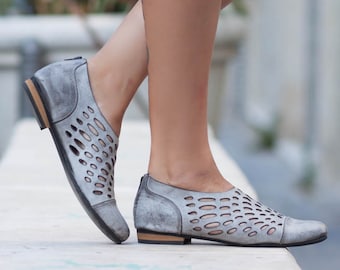 Leather Shoes, Leather Sandals, Women Sandals, Women Shoes, Summer Shoes, Gray Shoes, Handmade Shoes, Cutout Sandals, Free Shipping