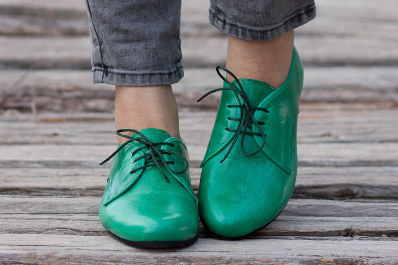 Green Leather Shoes Green Oxford Shoes Close Shoes Flat Etsy