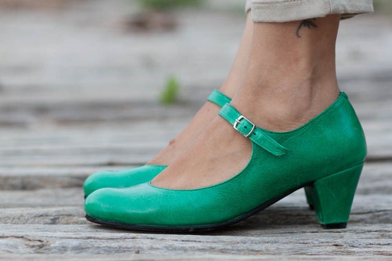 Green Leather Shoes Green Pumps Heeled 