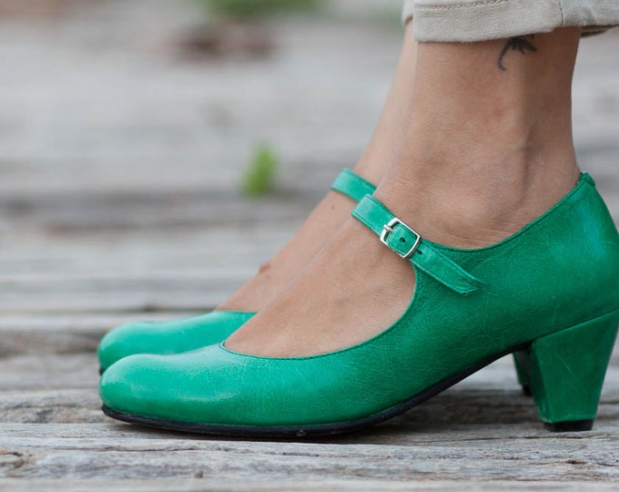 Green Leather Shoes, Green Pumps, Heeled Leather Pumps, High Heel Shoes