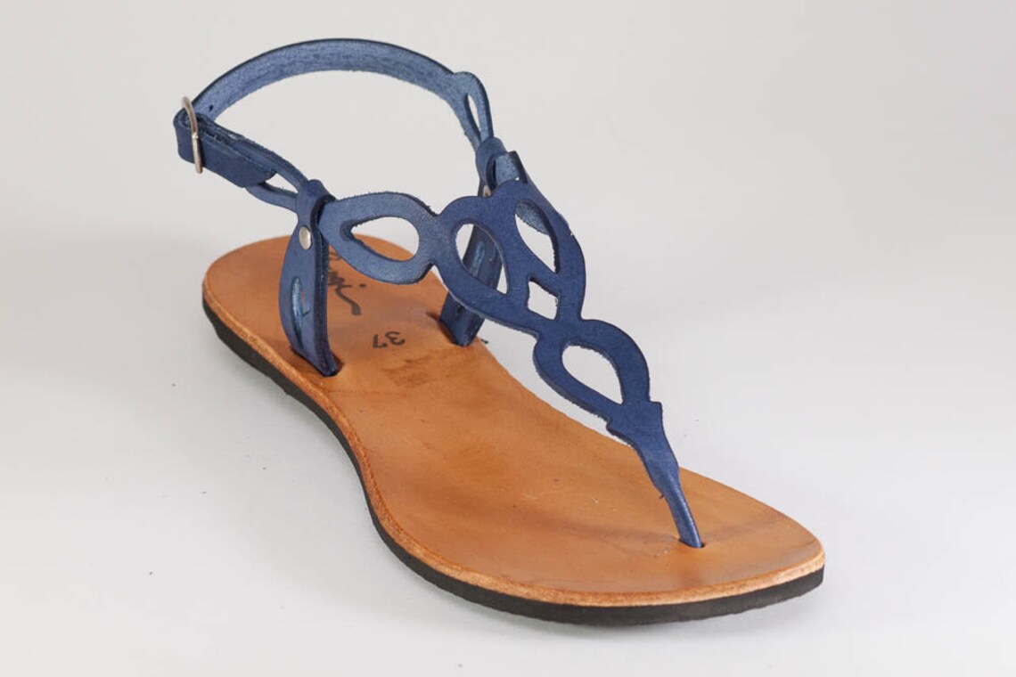 Blue Leather Sandalsblue Sandals Flat Sandals Summer Shoes | Etsy