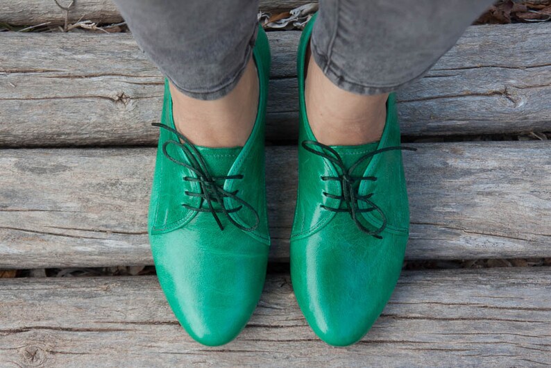Green Leather Shoes Green Oxford Shoes Close Shoes Flat Etsy