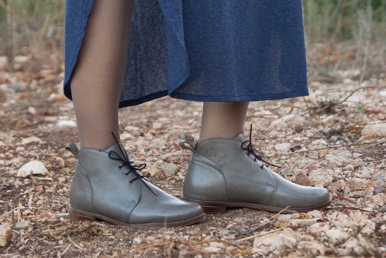 grey leather flat boots