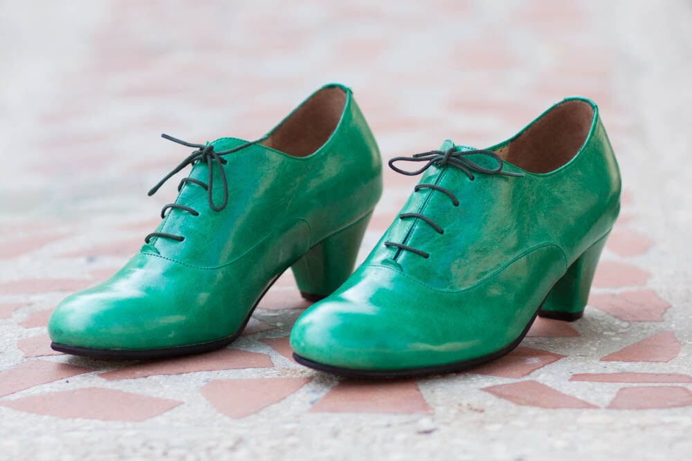 Green Leather Shoes Leather Pumps High Heeled Oxfords Etsy