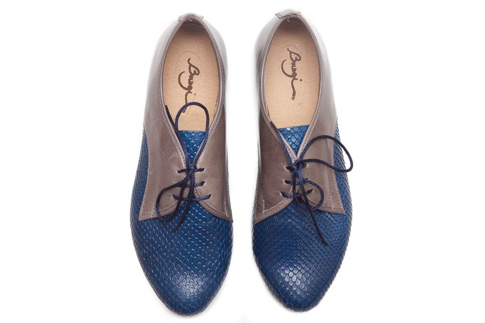 Blue Leather Shoes Blue Oxford Shoes Close Shoes Flat Etsy