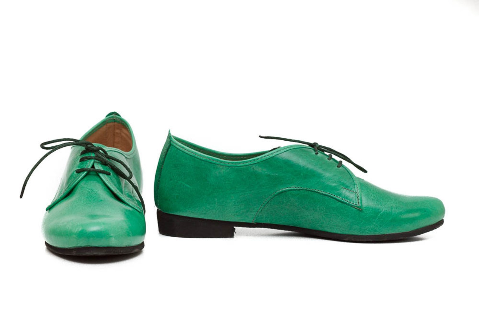 Green Leather Shoes Green Oxford Shoes Close Shoes Flat Etsy