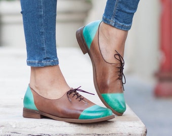 Women Leather Shoes, Leather Oxfords, Oxford Shoes, Painted Leather Shoes, Closed Shoes, Green Shoes, Free Shipping