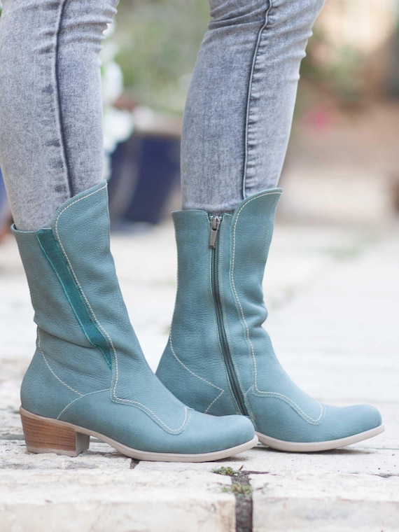Blue Leather Boots Leather Riding Boots Leather Booties Etsy