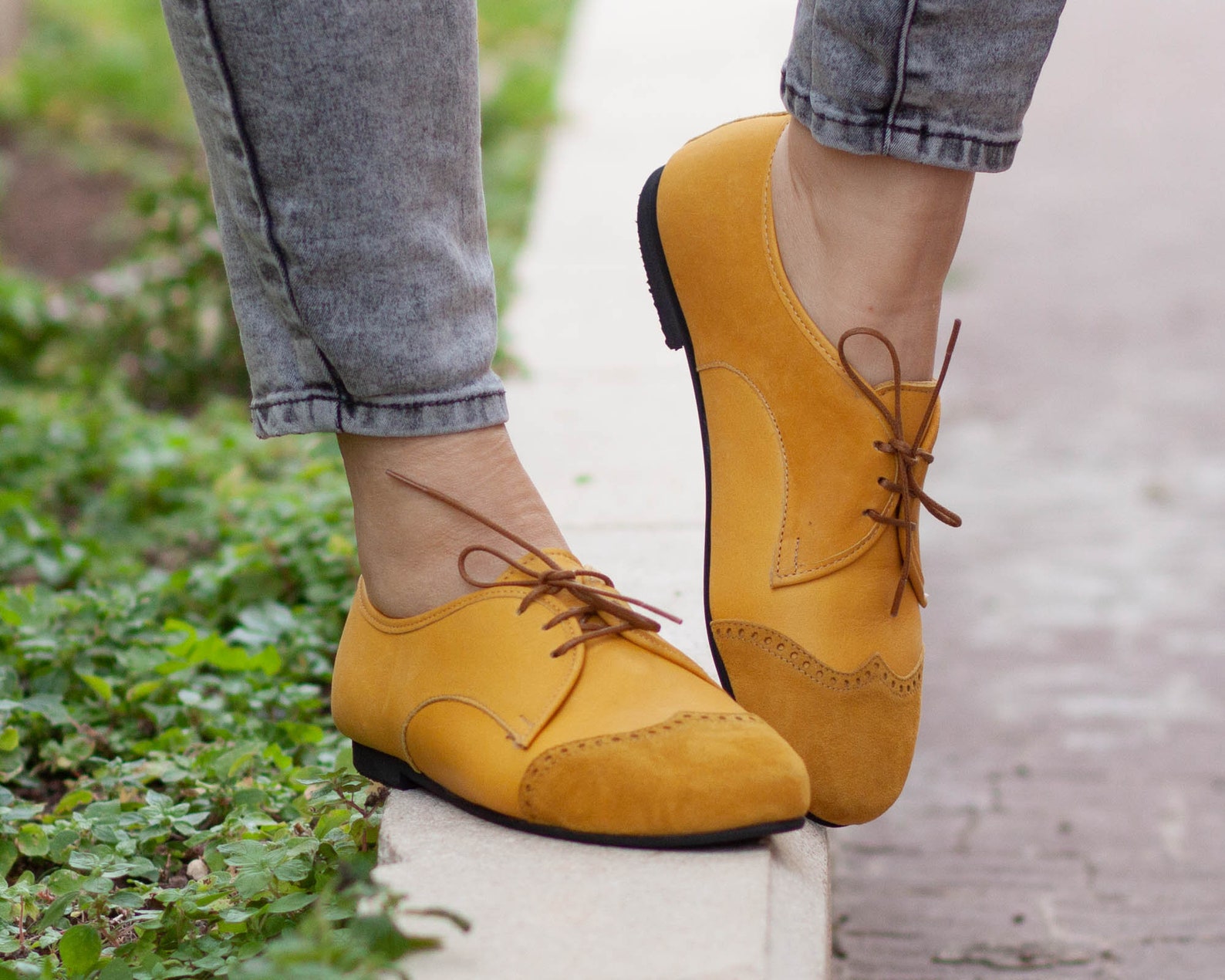 Yellow Leather Shoes Yellow Oxford Shoes Close Shoes Flat | Etsy