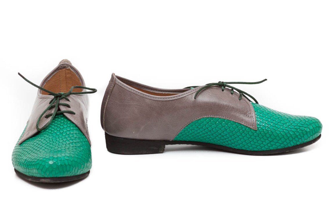 Green Leather Shoes Green Oxford Shoes Close Shoes Flat Etsy