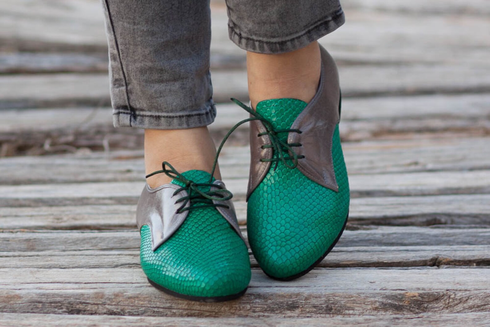 Green Leather Shoes Green Oxford Shoes Close Shoes Flat Etsy