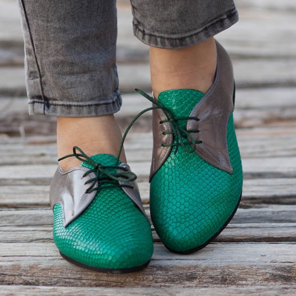 Green Leather Shoes, Green Oxford Shoes, Close Shoes, Flat Shoes, Green and Grey Oxford Shoes , Free Shipping