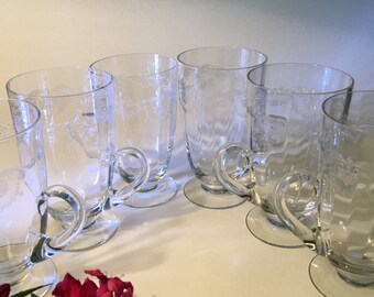 Set of six stunning Fostoria etched footed glasses with handle