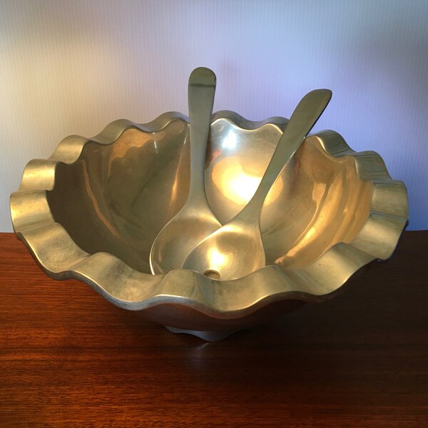 SALE! Vintage Swid Powell heavy cast aluminum alloy scalloped bowl designed by Stanley Tigerman and includes serving utensils