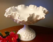 Large hobnail milk glass candy compote dish with ruffled edge
