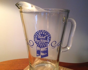 Vintage Pabst Blue Ribbon Beer heavy glass pitcher