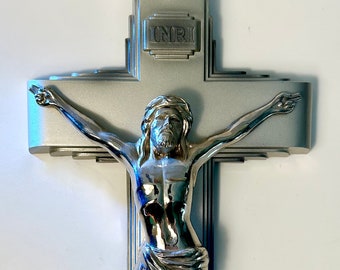 Vintage Parson's 12-inch stunning silver solid metal crucifix with an art deco flair