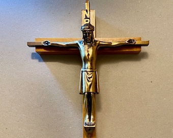 Vintage metal crucifix on solid wood - ready to hang