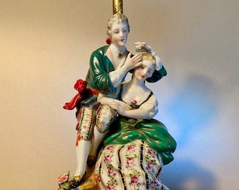 Vintage romantic couple figurine with mandolin table lamp on brass base