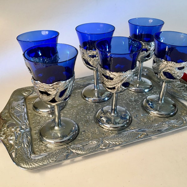 Rare Morgantown "Blue Dragon" cordial set with asian theme silver chrome tray and six detailed dragon stems with blown glass inserts