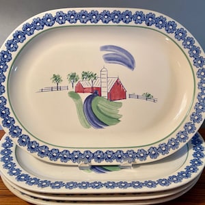 Set of four vintage Pfaltzgraff &quot;Sunnydale&quot; oval plates or platters with red barn scene - almost 3 pounds each!