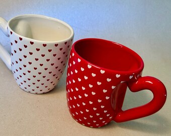 Pair of large red and white "Hearts Mugs" with unique handles made in Sweden - holds  24 ounces each - price includes both