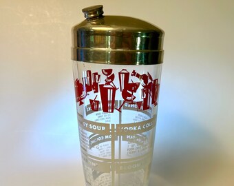 Glass cocktail shaker with drink recipes and retro graphics in red and white