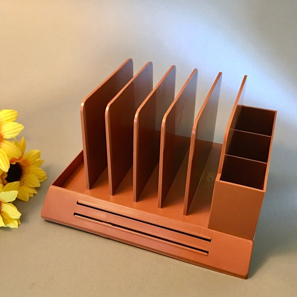 Vintage 1970s Max Klein brown desk organizer, letter and pen holder