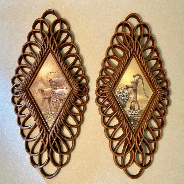 Pair of 1975 diamond shaped wall plaques with country mailboxes and water pump by Burwood Products - number 1350 - price includes both