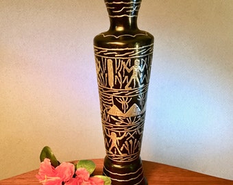 Vintage black metal vase with silver Egyptian hieroglyphics - 10.5 inches tall