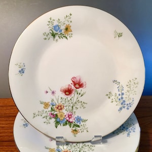 May include: White ceramic plates with a gold rim and floral design. The plates feature colorful flowers in shades of red, yellow, blue, and pink. The plates are stacked on a wooden surface.