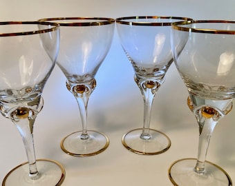 1 SET LEFT! Set of 4 vintage "Golden Suszy" by Czechoslovakia water goblets with gold trim and gold accents on stems - price is for the set