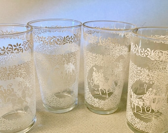1 SET LEFT! Set of four vintage glass tumblers with victorian or colonial carriage images surrounded by lace in white - price per set