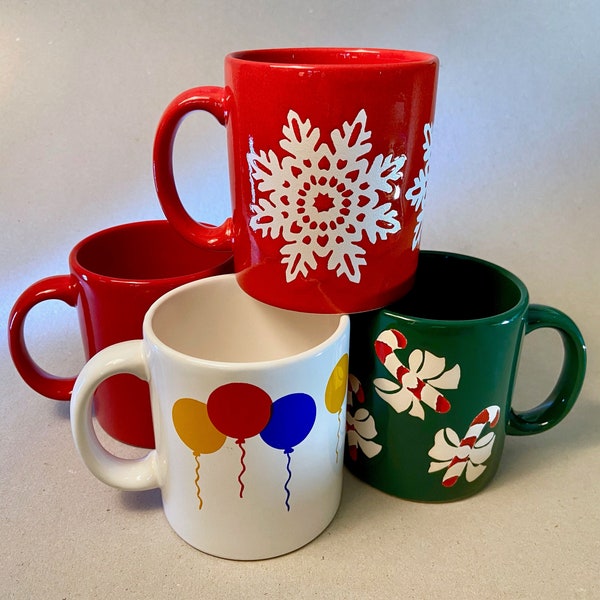 Vintage Waechtersbach mugs made in Germany featuring red snowflakes, green candy canes, colorful balloons or solid red - price is for each