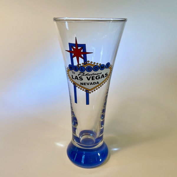 Unique "Welcome to Fabulous Las Vegas Nevada" pilsner beer glass with blue base - 7.25" tall