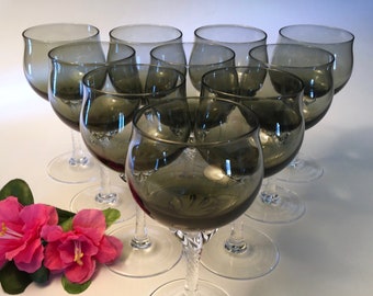 Stunning set of 10 Sasaki "Coronation" crystal wine glasses with smoky gray bowl and twisted stems