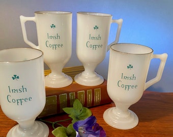 Set of four vintage milk glass footed pedestal Irish Coffee mugs