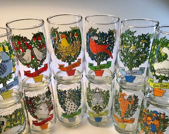 Vintage colorful &quot;Twelve Days of Christmas&quot; replacement glasses with curved base - price is for each