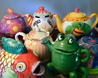 Collection of vintage kitchen decor teapots in various shapes and sizes - price is for each