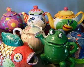 Collection of vintage kitchen decor teapots in various shapes and sizes - price is for each