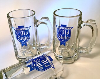 Set of three Heileman's Old Style thick and heavy glass mugs with blue logo - almost 2 pounds each - price includes all three mugs
