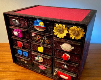 Creative hand decorated 15-drawer jewelry box with a variety of applied trinkets - originally an Akro-Mils storage case