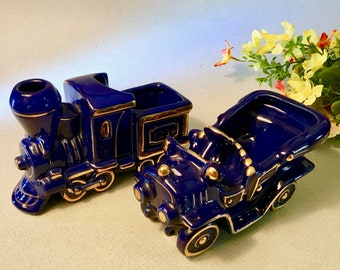 Vintage blue pottery planter or vase - choose old-time automobile or train - price is for each