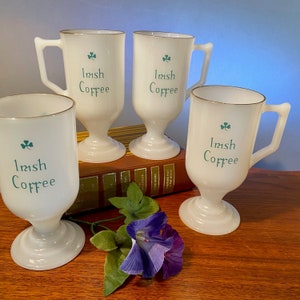 Set of four vintage milk glass footed pedestal Irish Coffee mugs