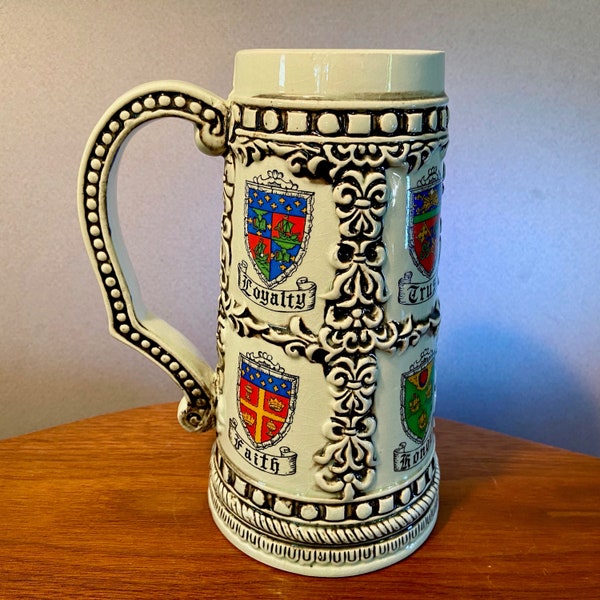 Vintage beer stein with colorful crests including honor, trust, loyalty and faith - made in Japan