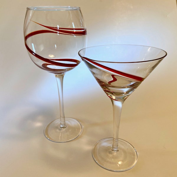 Red swirl hand-blown stemmed wine glass or martini glass replacements - price is for each