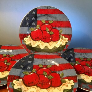 Set of four Warren Kimble &quot;American As Apple Pie&quot; stoneware salad plates by Sakura