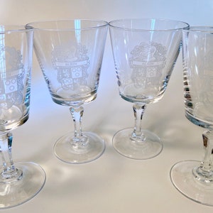 Set of 4 or 8 vintage Bleikristall 24% Lead Crystal glass water or wine goblets with etched coat of arms family crest - price per set of 4